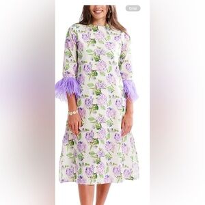 Kathleen Meave Floral Linen Dress with Purple feather accents on sleeves